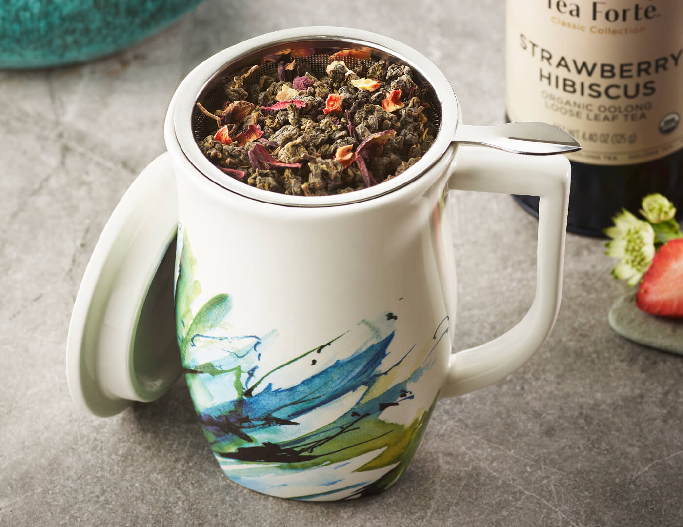 Premium Fiore Steeping Cup with Infuser - Blue Agave Design - Perfect for Loose Leaf Tea, Herbal Infusions & Coffee - Ideal for Home, Office & Travel Use