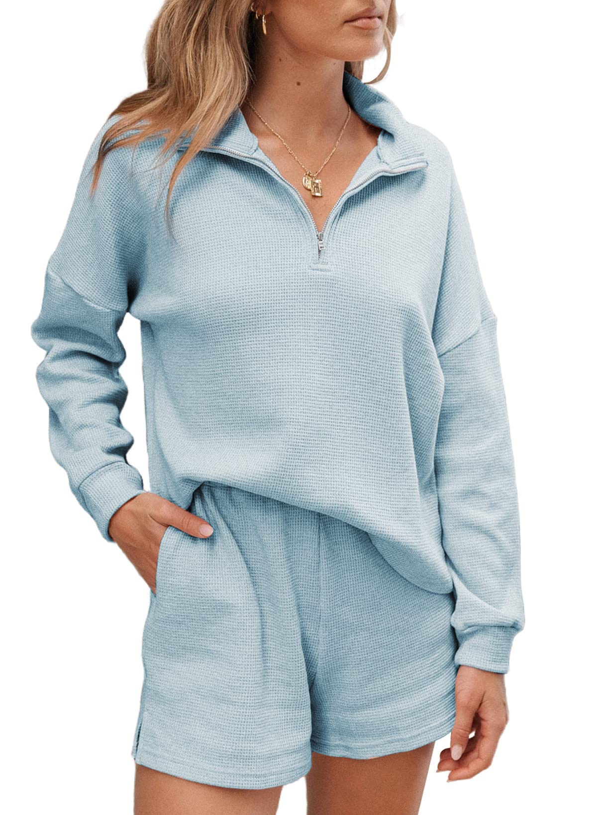 Aleumdr Women's 2 Piece Lounge Set - Soft Waffle Knit Long Sleeve Top & Shorts Pajama Set with Pockets | Cozy Zipper Outfit for Home, Sleepwear, Loungewear & Casual Wear