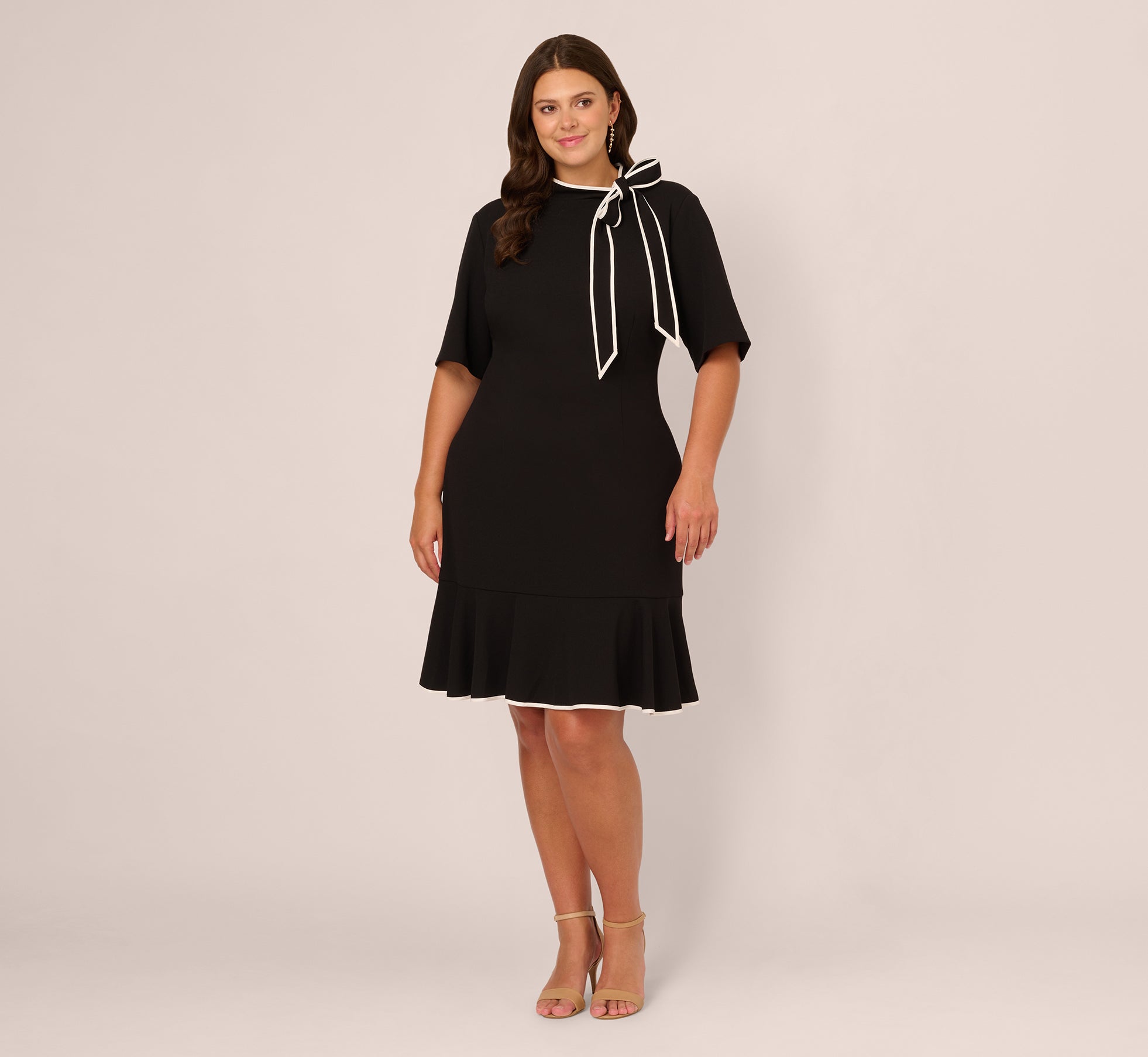 Elegant Plus Size Mock Neck Dress with Contrasting Bowtie - Black & Ivory - Perfect for Office Wear, Cocktail Parties & Special Occasions