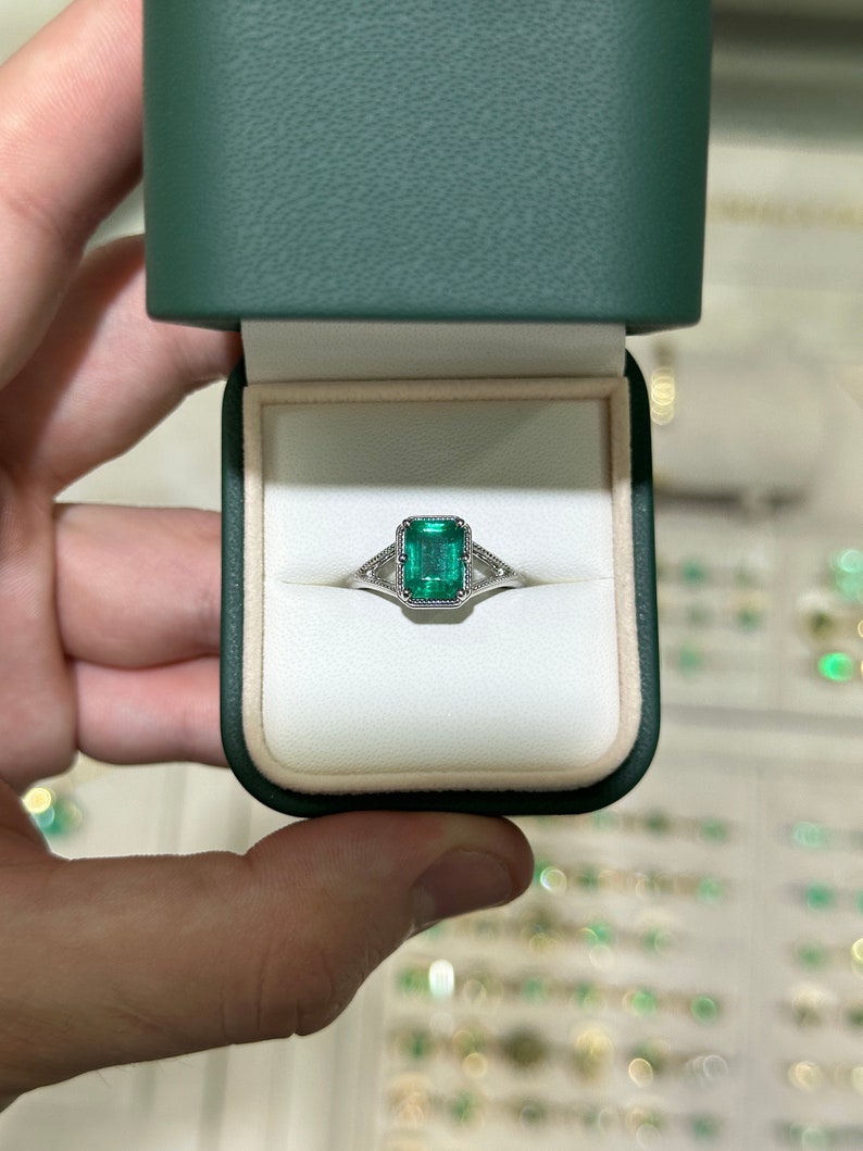 2.22ct Natural Bluish Green Emerald Cut Solitaire Platinum Ring for Women | Elegant Engagement & Wedding Jewelry Gift