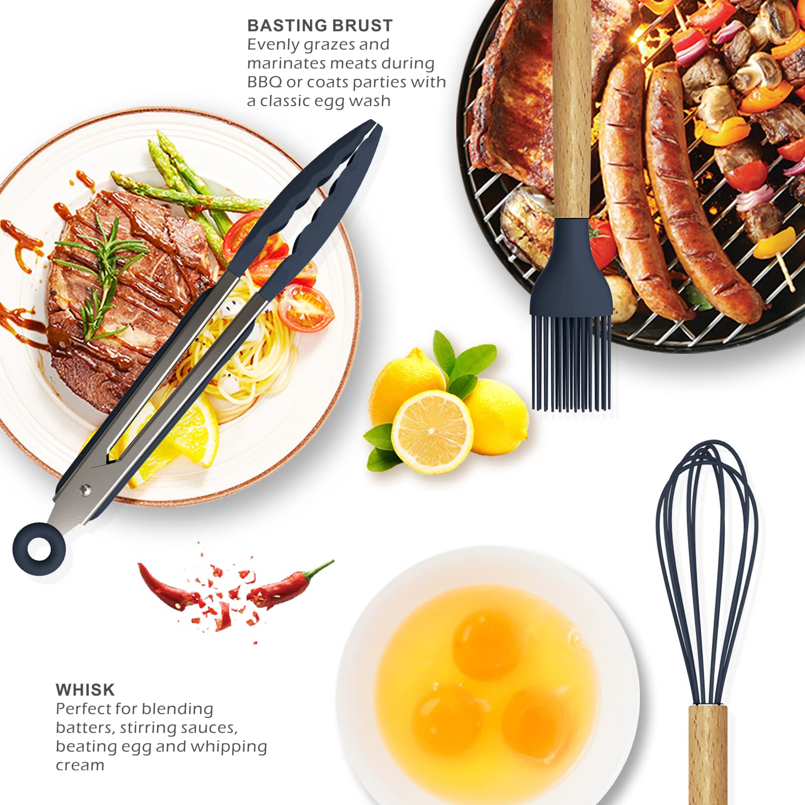 Heat-Resistant Silicone Cooking Utensils Set with Wooden Handles - BPA Free Kitchen Tools for Non-Stick Cookware (446°F Safe, Navy Blue) - Perfect for Baking, Frying & Everyday Cooking
