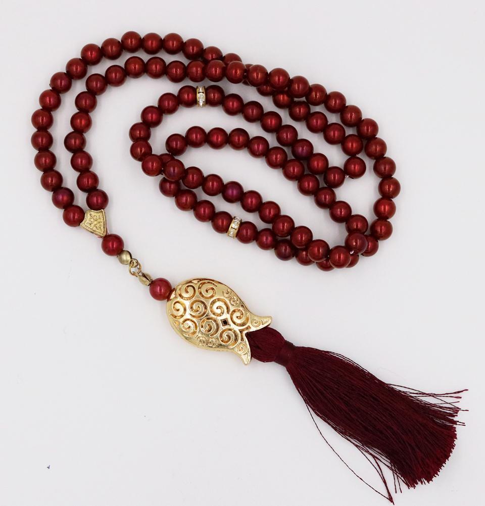 99-Count Acrylic Pearl Islamic Tesbih Prayer Beads with Tulip Tassel - Burgundy Color for Muslim Worship, Meditation & Stress Relief