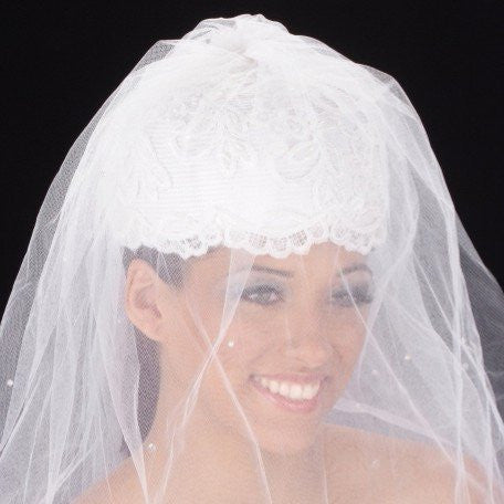 Elegant White Lace Bridal Hat W2007 with Long Veil - Perfect for Weddings, Bridal Showers, and Vintage-Themed Events
