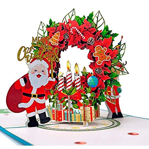 3D Pop Up Christmas Card with Holiday Wreath & Santa Claus - Festive Xmas Greeting Card for Holiday Gifts - Perfect for Office Exchanges, Family Celebrations and Seasonal Decorations