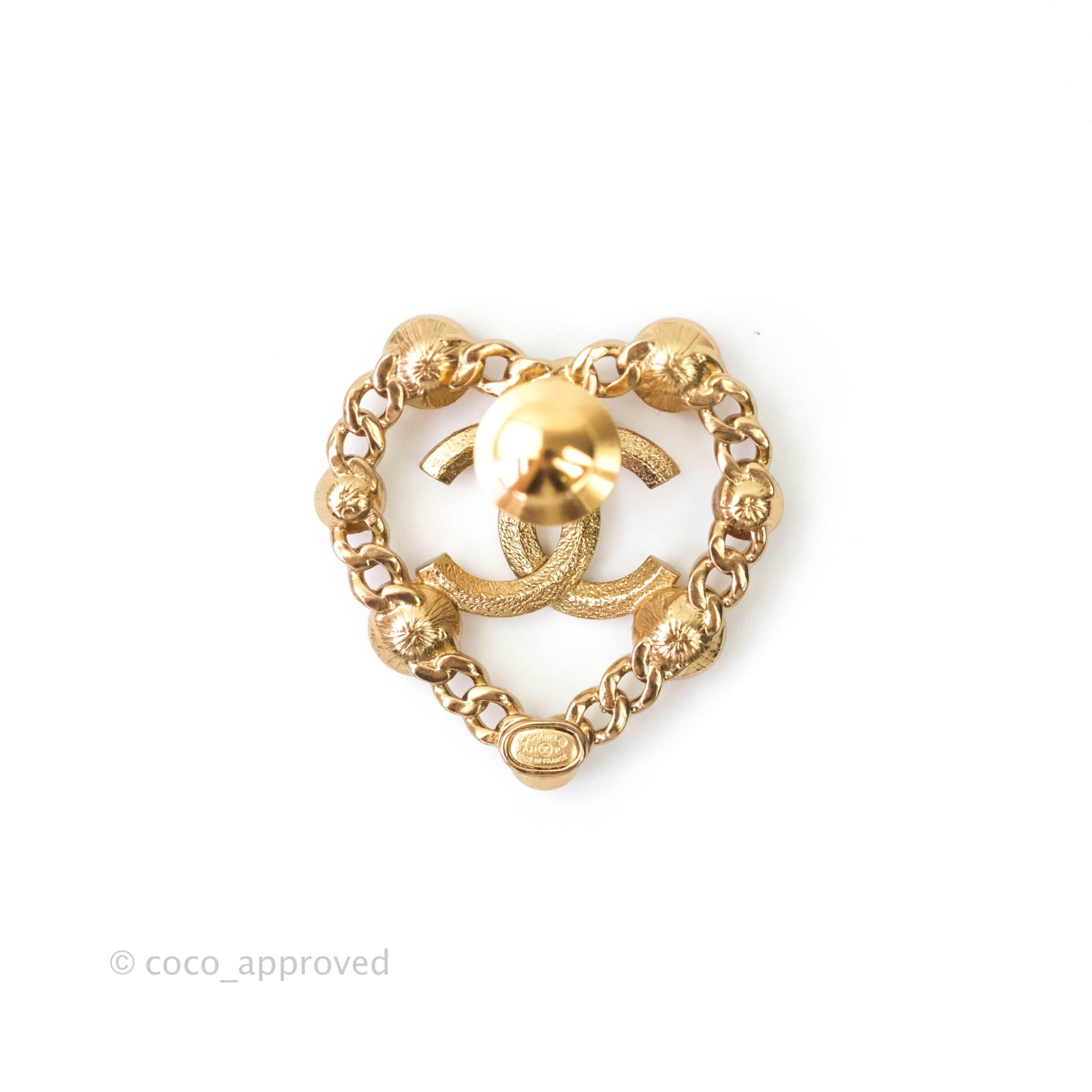 Chanel CC Pearl Rhinestone Heart Pin Brooch Gold Tone 21P - Elegant Fashion Accessory for Women, Perfect for Dresses, Jackets & Special Occasions