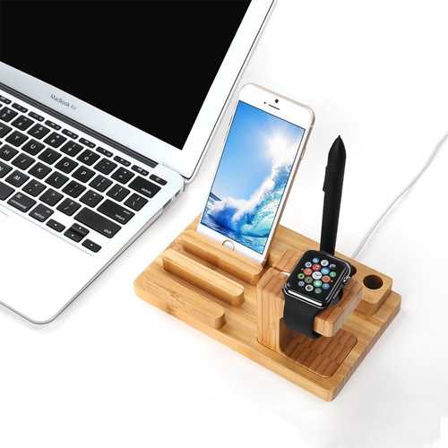 Bamboo Wooden Charging Stand for Apple Watch & iPhone 6S Plus - Multi-Device Desktop Organizer with Pen Holder | Perfect for Office, Home Desk & Nightstand Charging Station