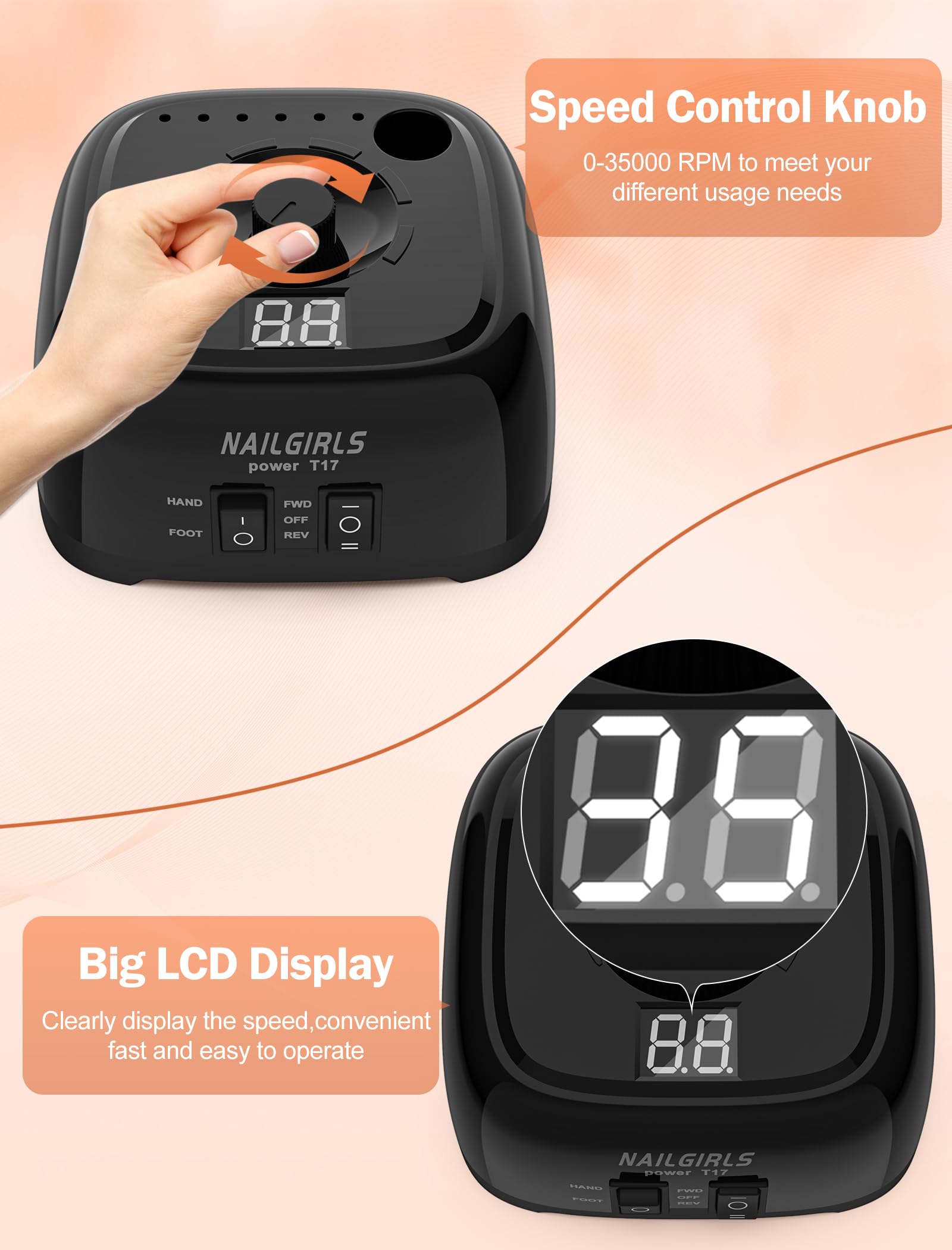 NAILGIRLS 35000RPM Professional Nail Drill Machine with LED Speed Display - Electric Nail File Kit for Acrylic & Gel Nails, Polishing & Shaping (Black) | Perfect for Salon & Home Manicure/Pedicure