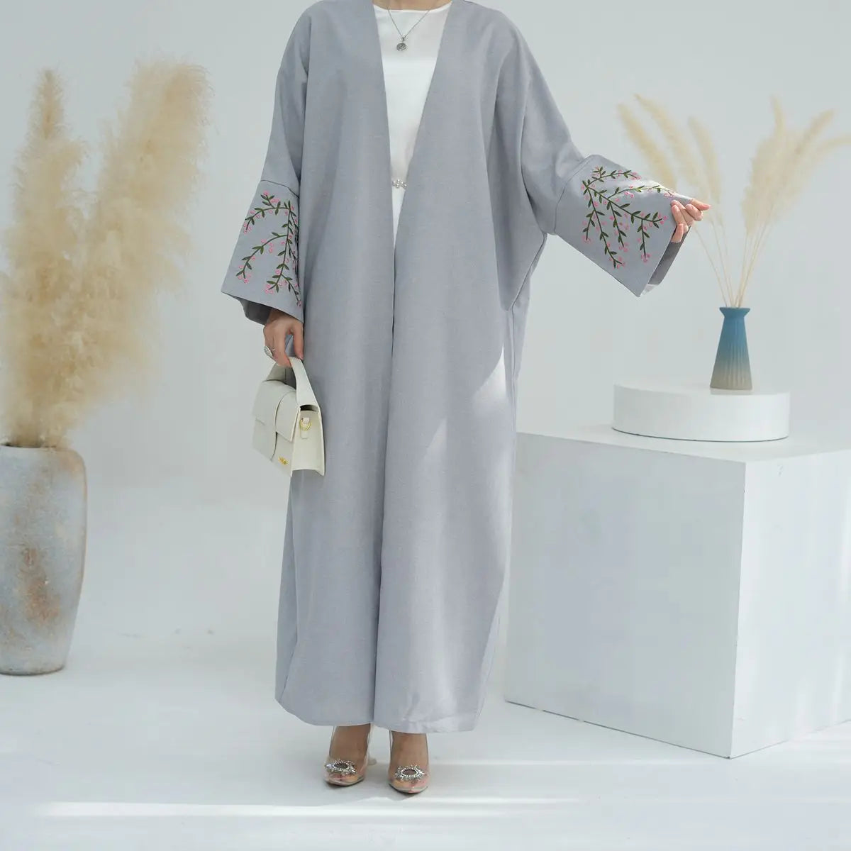 Linen Cotton Embroidery Cardigan Open Abaya Dress - Elegant Muslim Women's Cover Up for Prayer, Home & Casual Wear