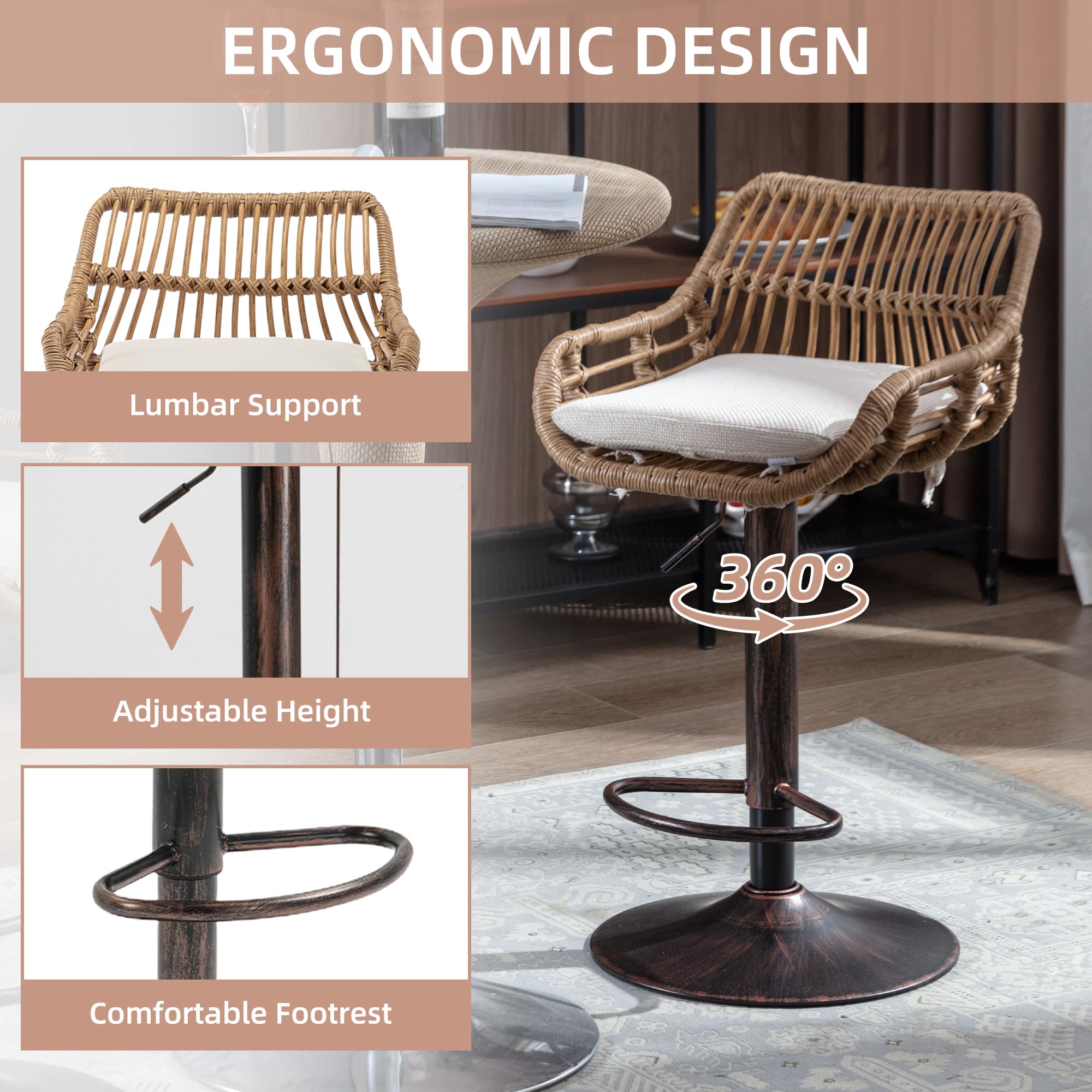 Modern Adjustable Swivel Bar Stools Set of 2 - Counter Height Rattan Bar Chairs with Back, Cushions & Metal Footrest - Beige Pub Stools for Kitchen, Bar, Dining Room & Outdoor Patio - Perfect for Entertaining, Casual Dining and Home Decor