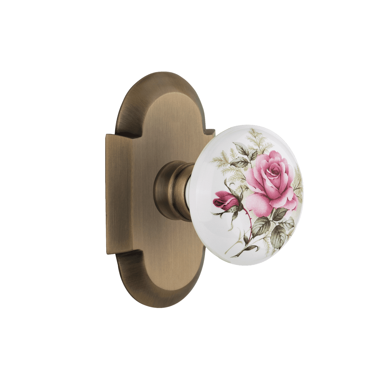 Antique Brass Cottage Short Plate with White Rose Porcelain Knob - Vintage Cabinet Hardware for Kitchen, Bathroom & Furniture Restoration