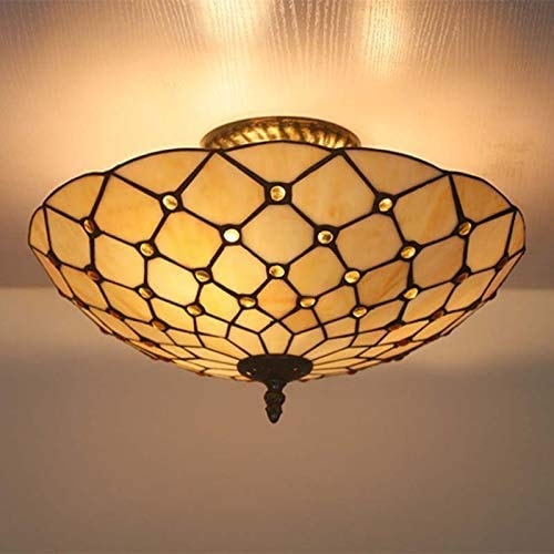 DALUXE 16 Inch Tiffany Style Semi Flush Mount Ceiling Light with Golden Gems Stained Glass Shade, Vintage E27 Lamp for Living Room, Bedroom, Dining Room & Hallway - Perfect for Home Decor and Ambient Lighting