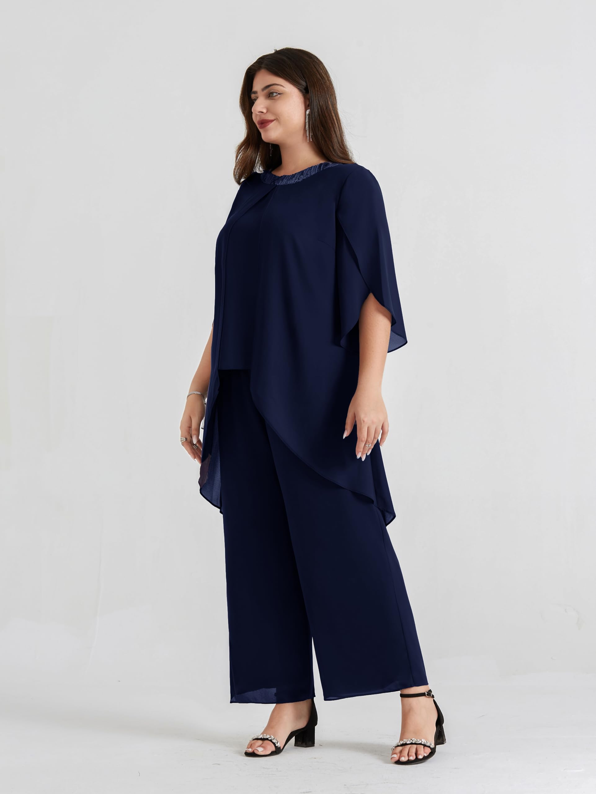 Hanna Nikole Plus Size Mother of The Bride Pant Suits - 2 Piece Chiffon Set with High Low Hem - Elegant Wedding Guest Outfit for Women - Perfect for Weddings, Receptions & Formal Events