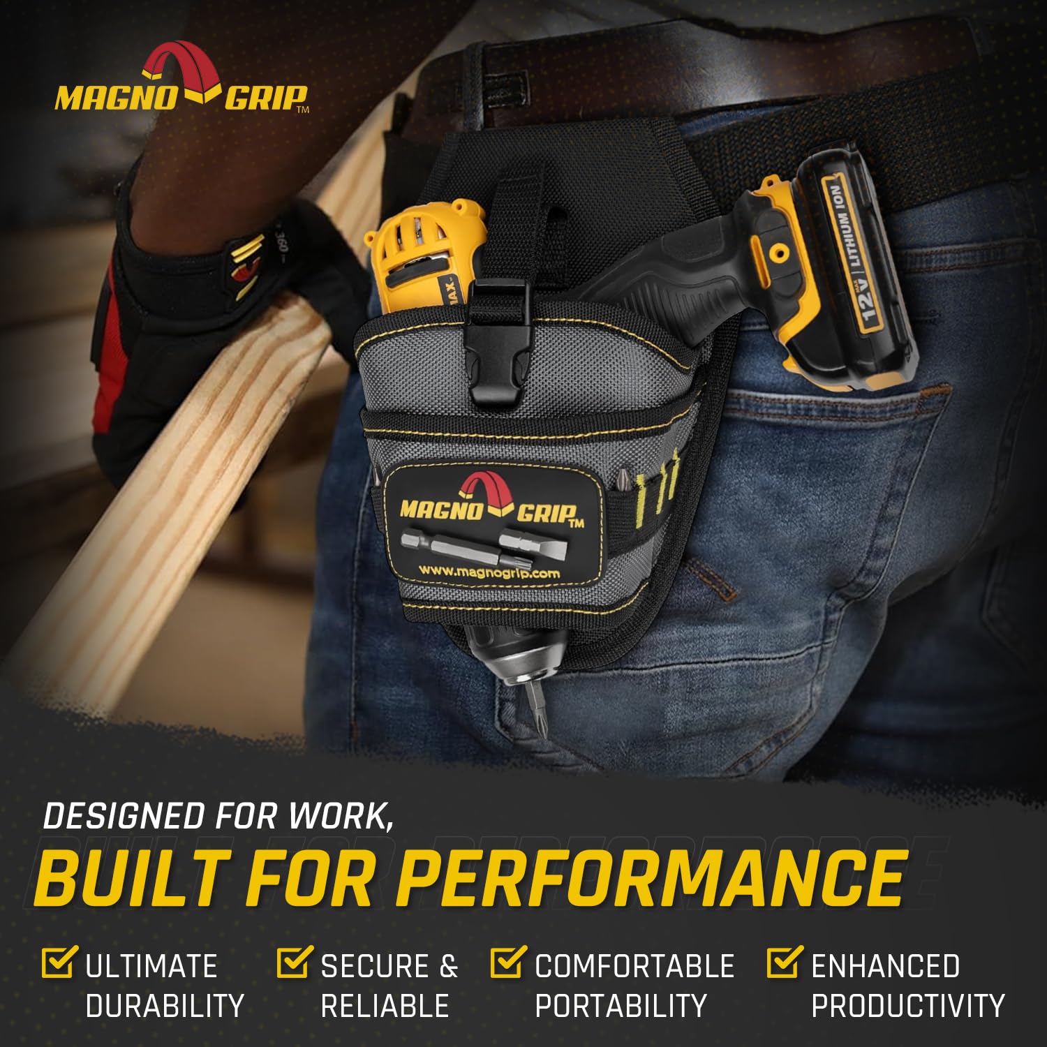 MagnoGrip Pro Drill Holster - Ambidextrous 1680D Ballistic Nylon Tool Belt with Magnetic Bit Storage, Adjustable Strap & 8 Fastener Slots (Platinum Gray) - Perfect for Construction, Woodworking & DIY Home Improvement Projects