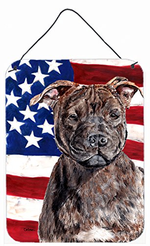 Staffordshire Bull Terrier with American Flag Metal Wall Art - USA Patriotic Dog Sign for Kitchen, Bar, Bathroom & Front Door Decor | Durable Aluminum Hanging Plaque for Home & Office