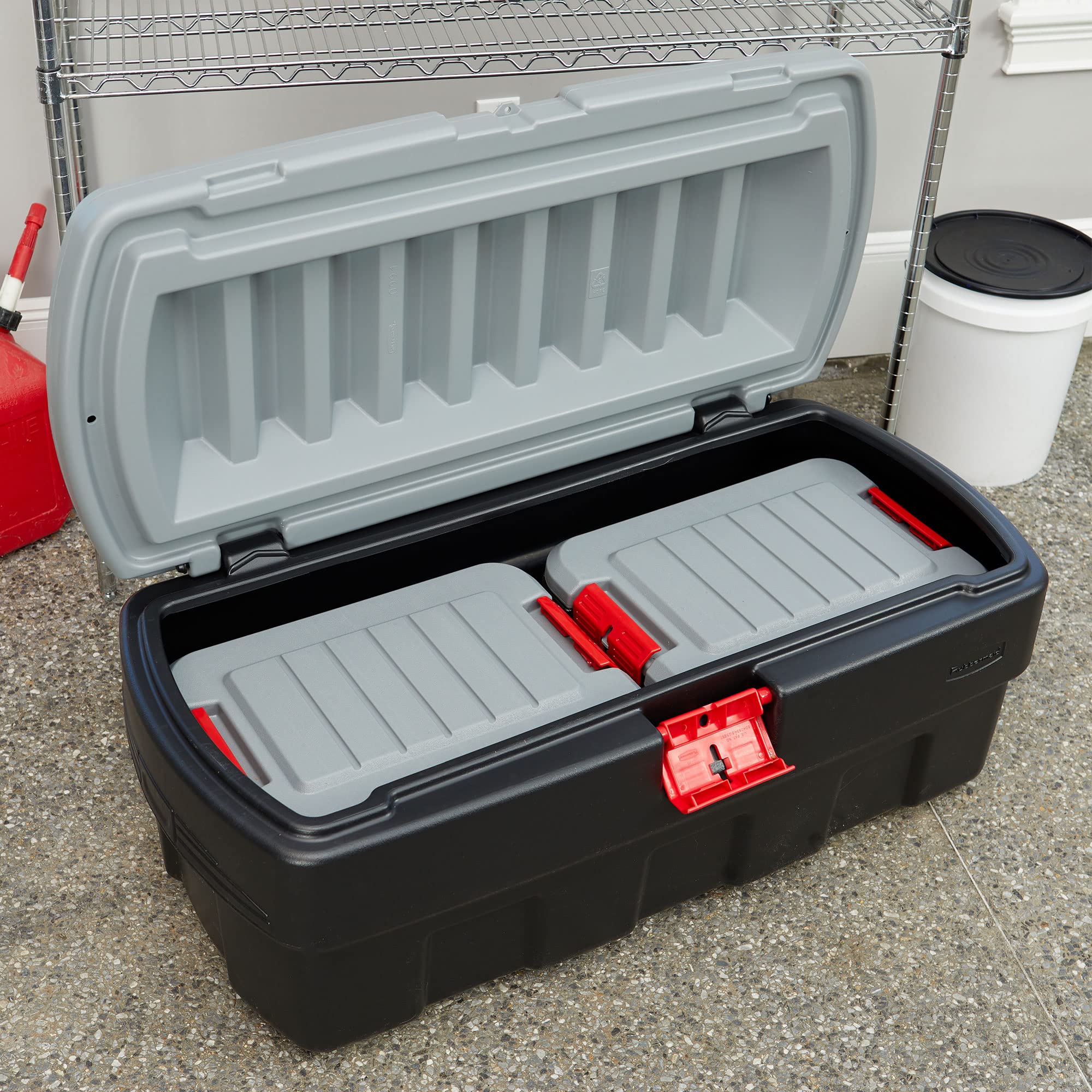 Rubbermaid ActionPacker 48 Gallon Lockable Storage Bin with 8 Gallon Nested Containers - Heavy Duty Industrial Storage Solution for Garage, Workshop & Outdoor Gear Organization