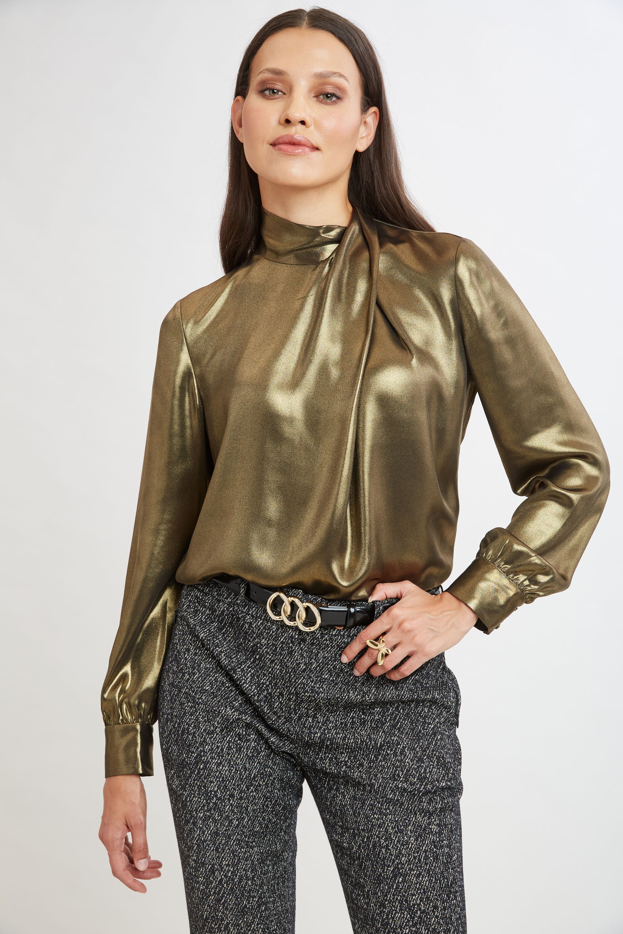 Elegant Metallic Draped Neck Blouse for Women - Party Wear & Evening Outfits - Perfect for Date Nights, Cocktail Events & Special Occasions