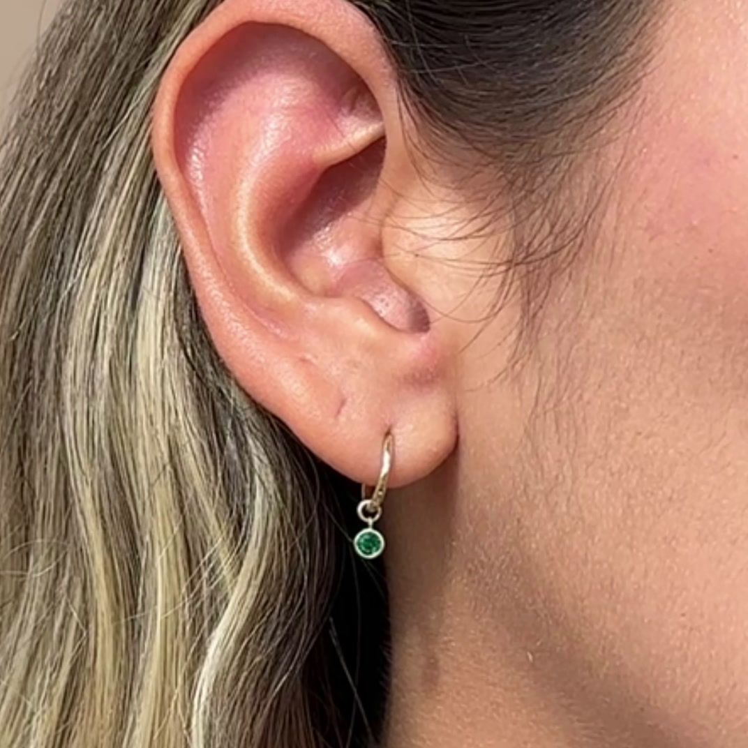 14K Yellow Gold Emerald Bezel Hoop Earrings with 8mm Hoop Charm - Elegant Dangle Earrings for Women, Perfect for Weddings, Parties & Special Occasions