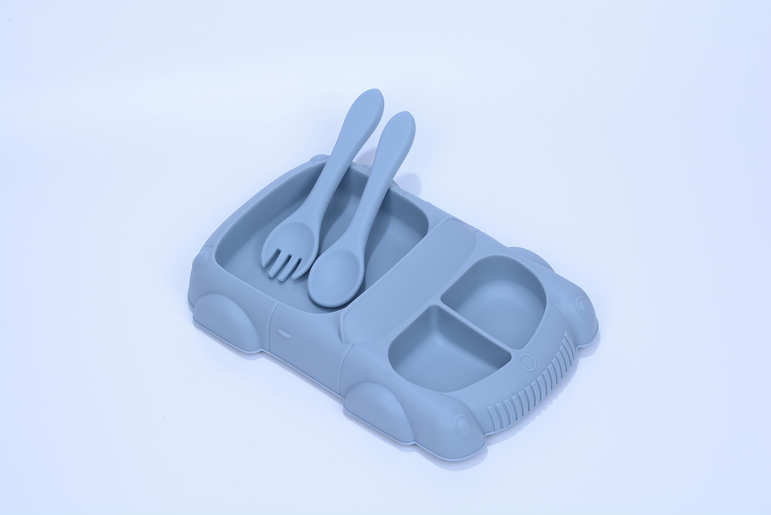 3-Piece Silicone Suction Car-Shaped Baby Plate with Spoon & Fork Set - BPA-Free, Dishwasher & Microwave Safe - 100% Food Grade for Infants & Toddlers (Dark Blue) - Perfect for Mess-Free Mealtime, Travel & Daycare Use