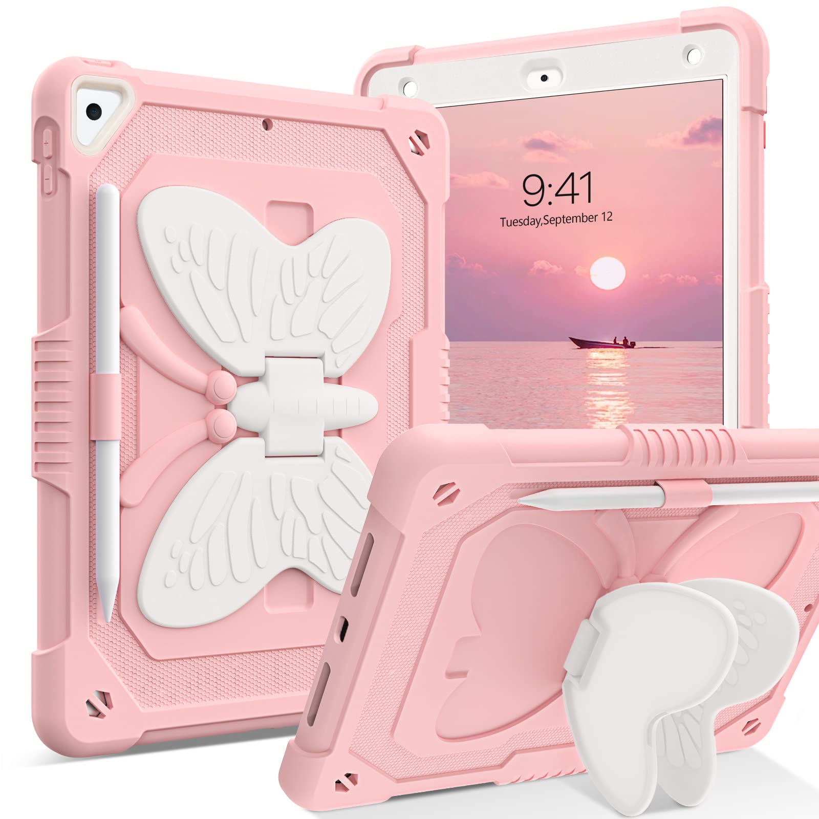 DUEDUE Shockproof Kids iPad Case for iPad Air 2/6th/5th Gen (2017/2018) & iPad Pro 9.7 - Butterfly Design with Kickstand & Pencil Holder | Heavy Duty Protective Cover for School, Travel & Home Use (Beige/Pink)