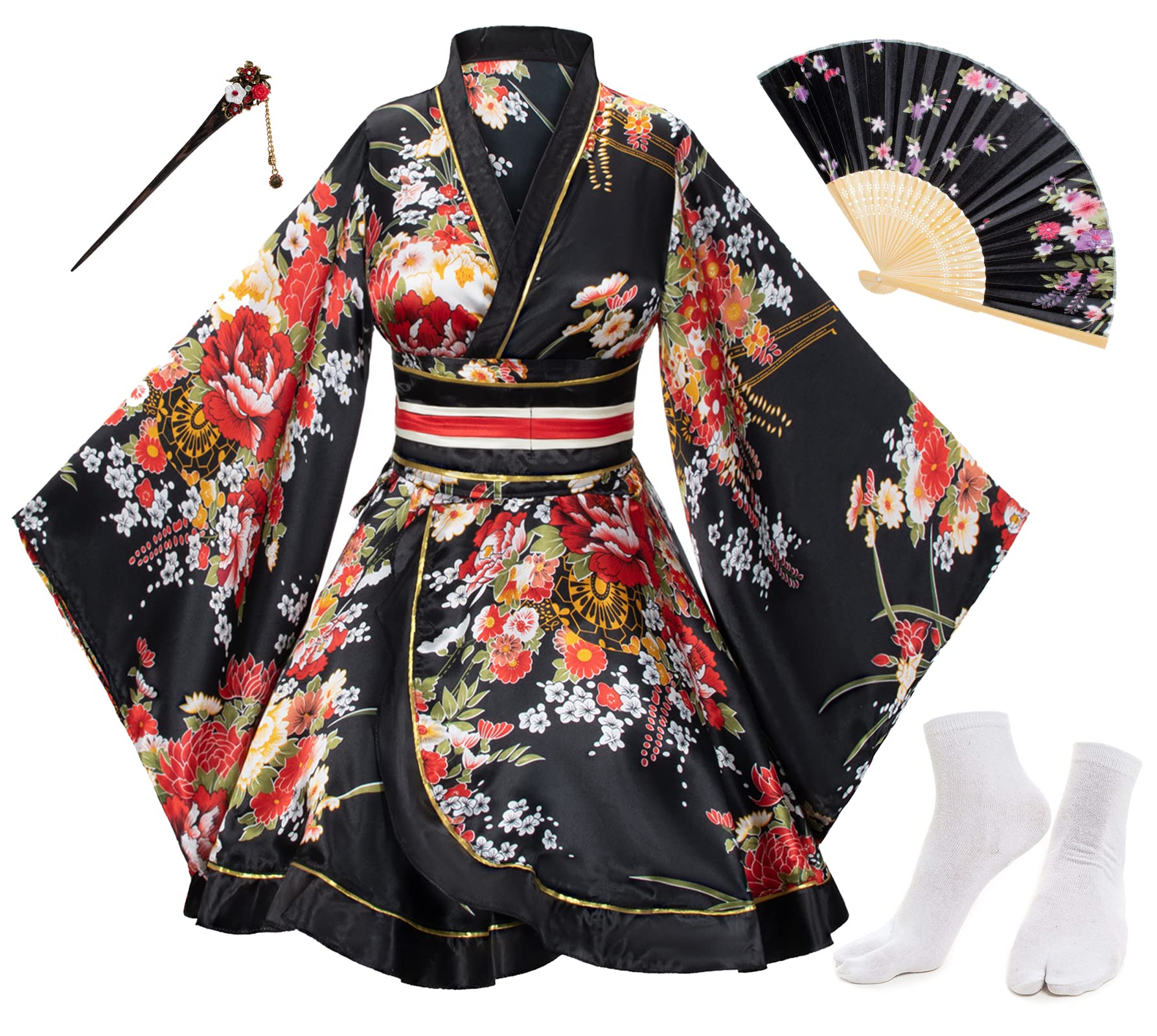 Japanese Anime Women's Dance Kimono Robe with Silk Folding Fan & Tabi Socks Set - Cosplay Costume for Halloween, Anime Conventions & Traditional Dance Performances