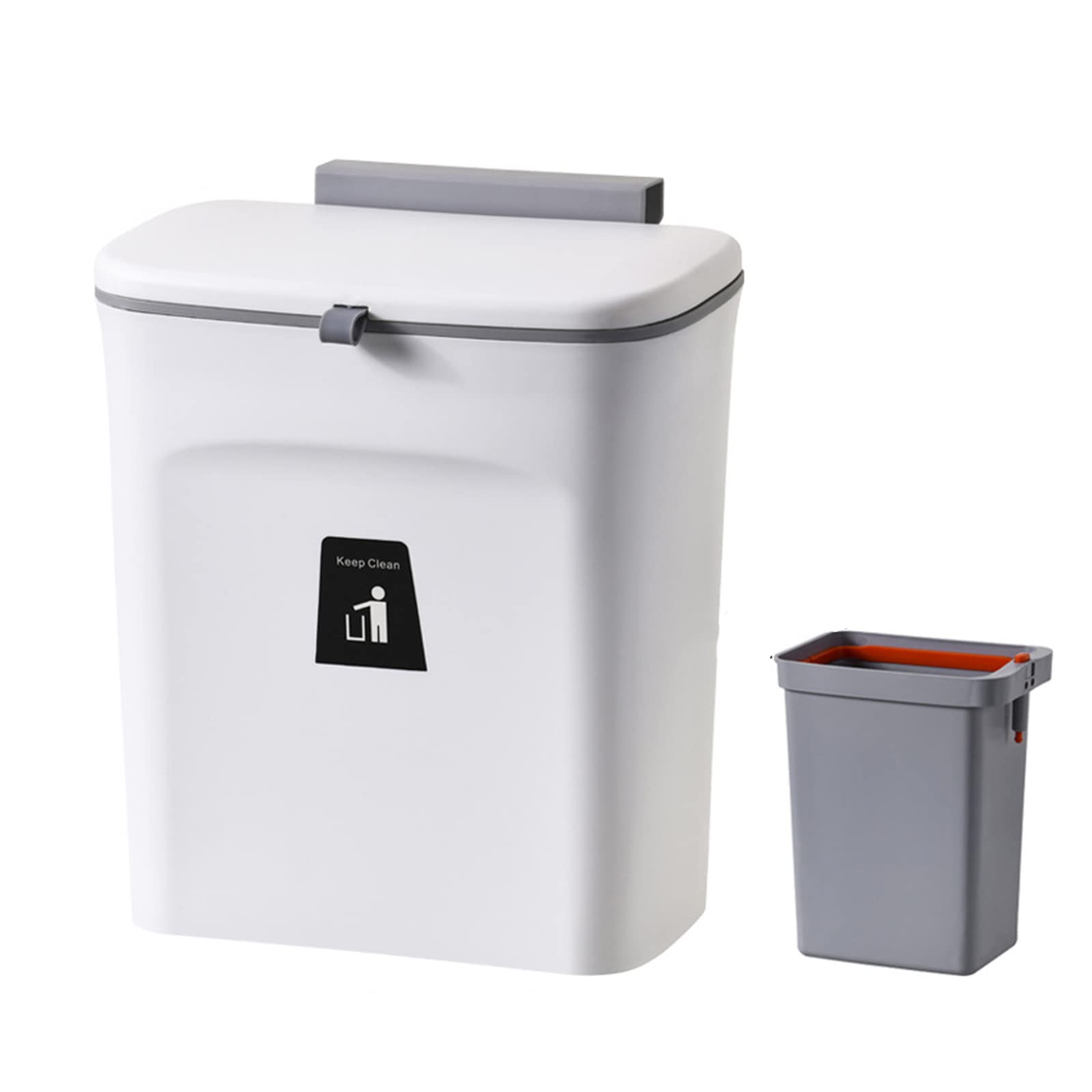 GDICONIC 2.4 Gallon Hanging Trash Can with Lid - Under Sink or Cabinet Mount Kitchen Compost Bin with Removable Inner Bucket - Space Saving Waste Bin for Bathroom, Bedroom, Office & Camping - White Wall Mount Indoor Trash Can for Home Organization & Small Spaces