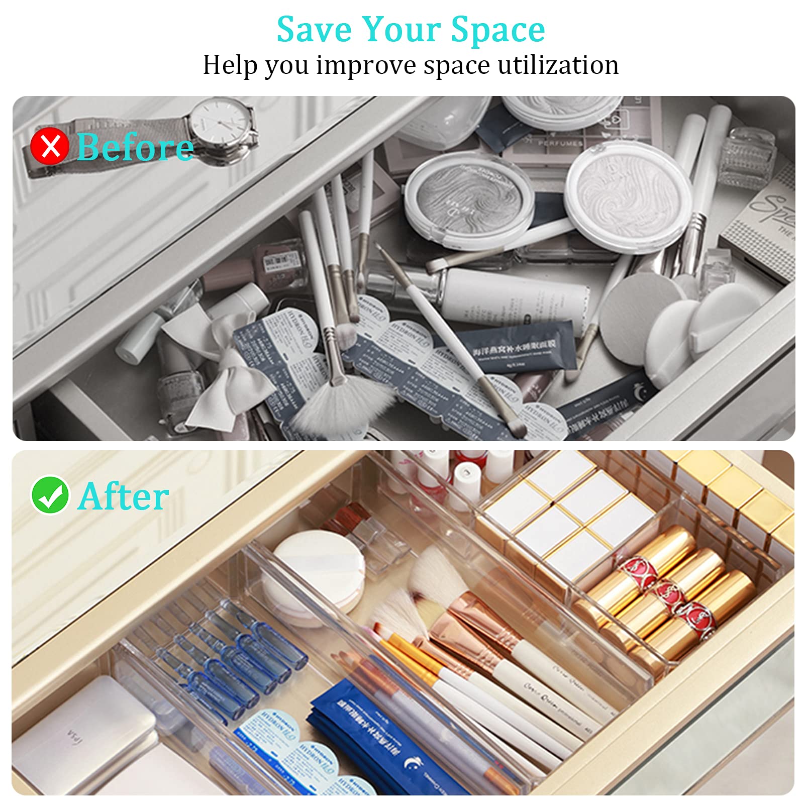 TWBEST 24-Pack Plastic Drawer Organizers - Clear Storage Bins for Makeup, Stationery, Utensils - Perfect for Bathroom, Kitchen, Office & Desk Organization (Transparent)