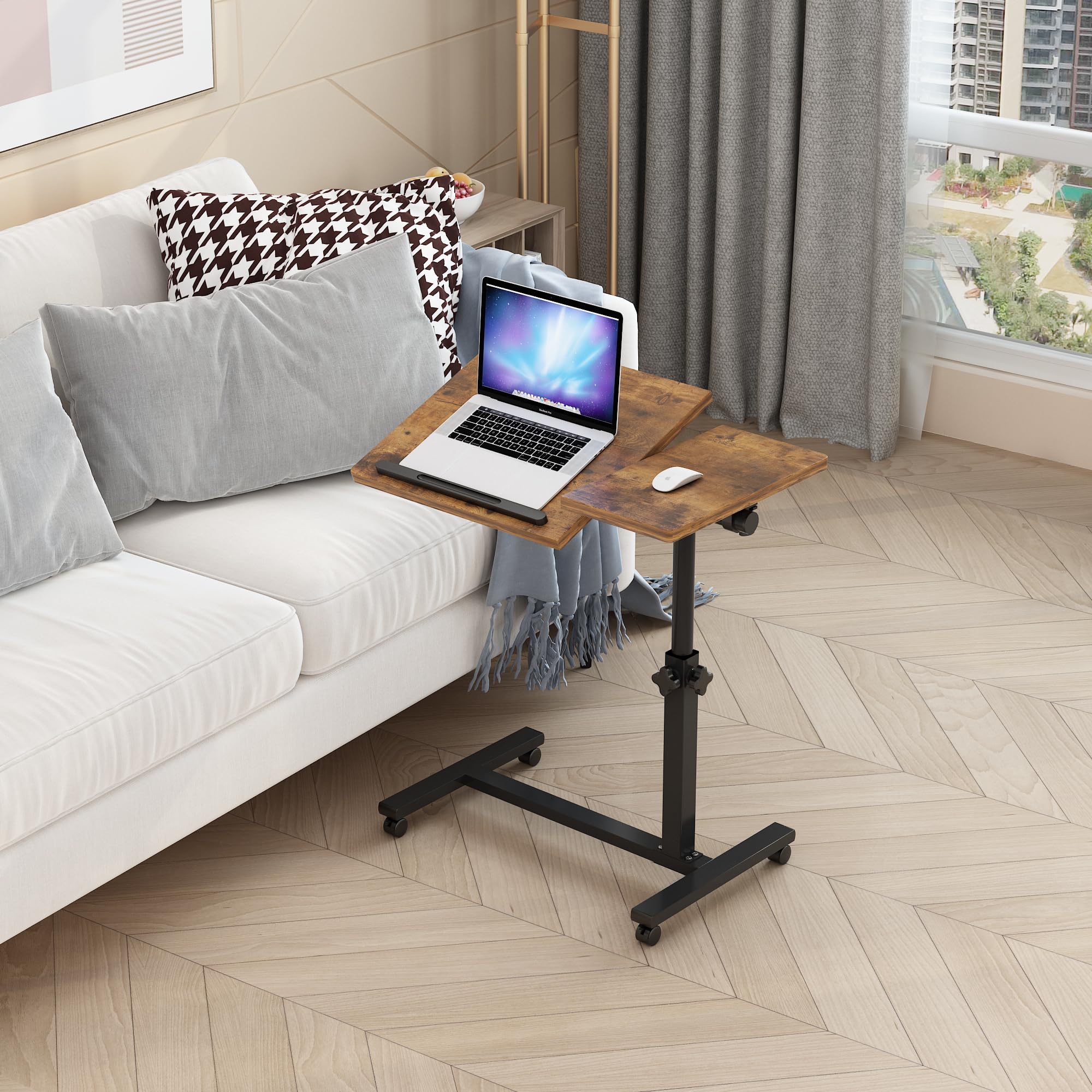 Adjustable Overbed Table with Wheels - Mobile Rolling Laptop Stand & Bedside Desk, Tilting Tray Table for Laptop, Bed, Sofa - Perfect for Working, Eating, or Reading in Bed (Rustic Brown)