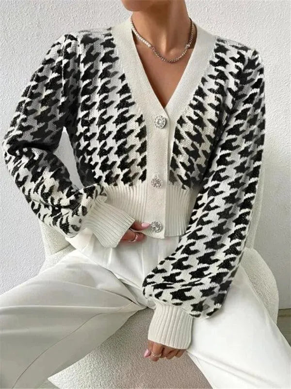 Houndstooth Pattern Lantern Sleeve Cardigan Sweater for Women - Cozy Fall & Winter Knitwear for Office, Date Night and Casual Outfits
