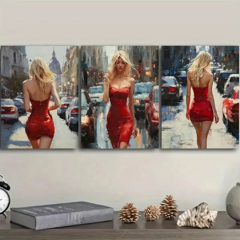 3-Piece Blonde Woman in Red Dress Wall Art Set - Framed Canvas 40x60cm - High Quality Print - 100% Australian Made - Ready to Hang - Perfect for Living Room, Bedroom & Office Decor
