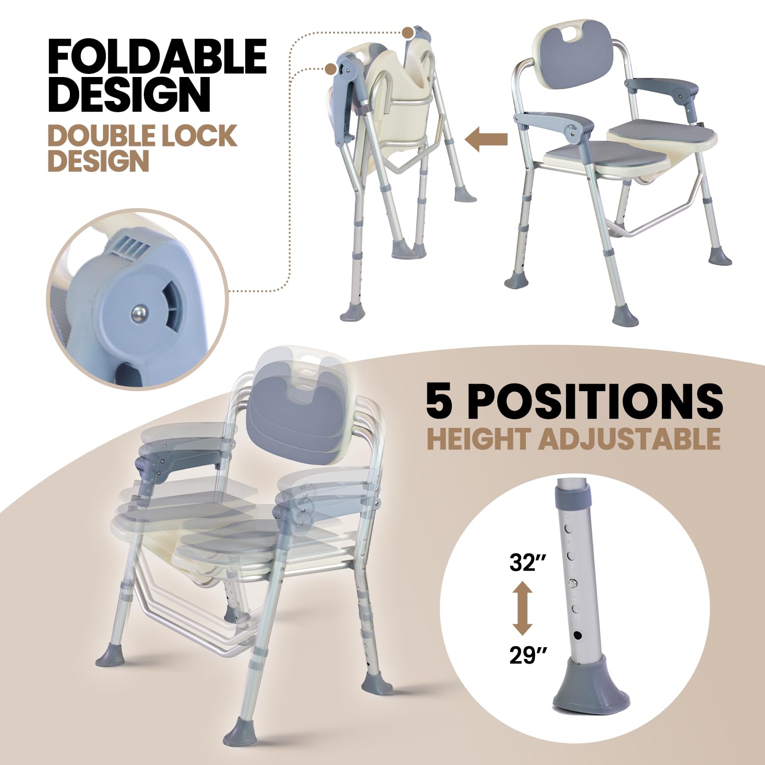 Adjustable Folding Shower Chair with Non-Slip Feet - 5 Height Levels, Sturdy U-Shaped Design for Elderly, Disabled & Pregnant Women - Ideal for Bathroom Safety, Assisted Washing & Home Care Use