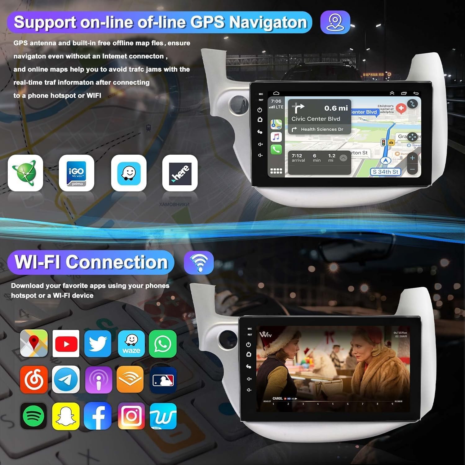 10.1 Inch IPS Touch Screen Car Stereo for Honda Fit 2008-2013 - 4G+64G Android Auto & Wireless CarPlay GPS Navigation System with Bluetooth 5.2/FM/Backup Camera/WiFi/SWC/HiFi - Perfect for Commuting & Road Trips