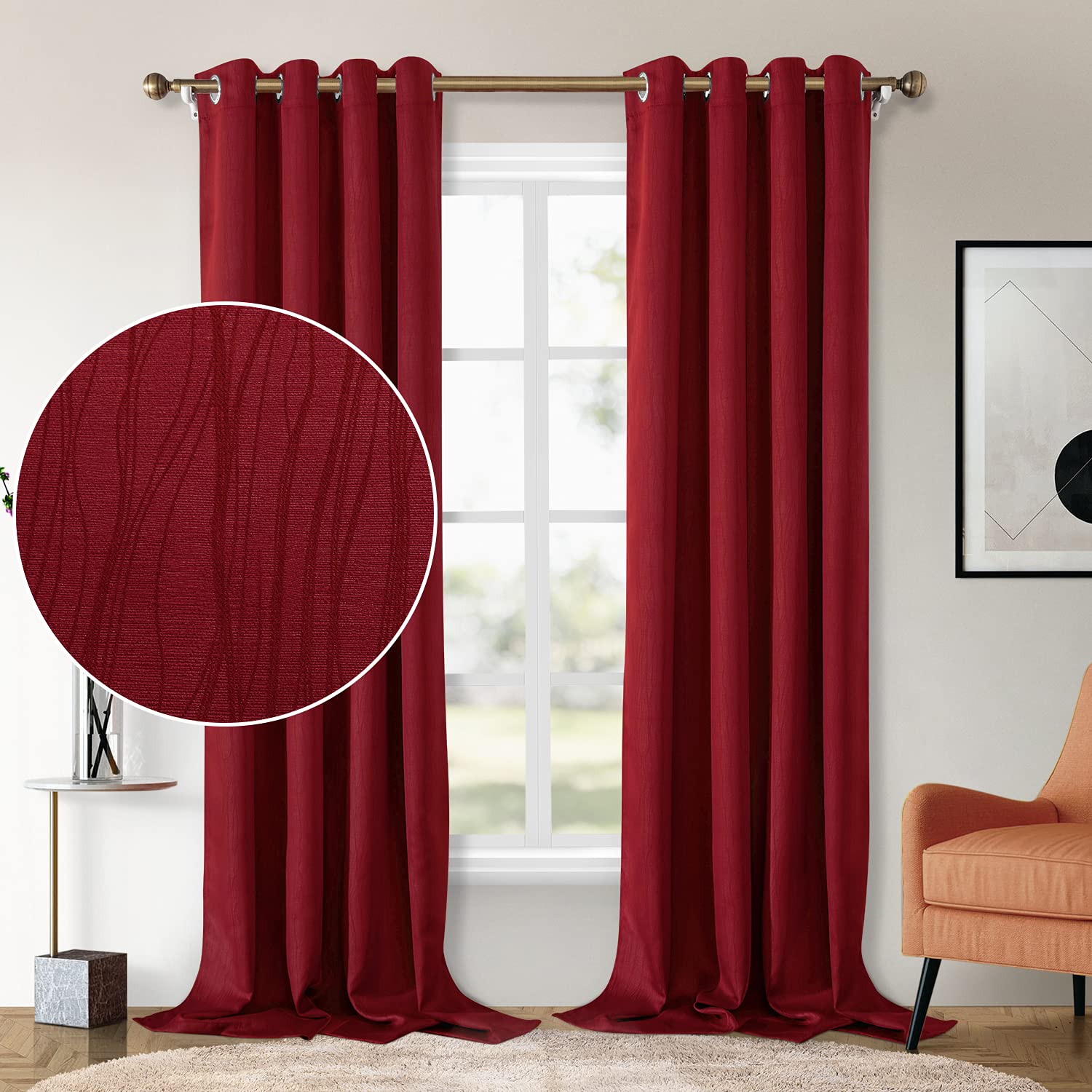 HOMEIDEAS Burgundy Blackout Curtains 52x108 Inch - 2 Panels Thermal Insulated Grommet Window Drapes, Wave Line Textured Room Darkening Curtains for Bedroom & Living Room - Perfect for Light Blocking, Energy Saving and Privacy Protection