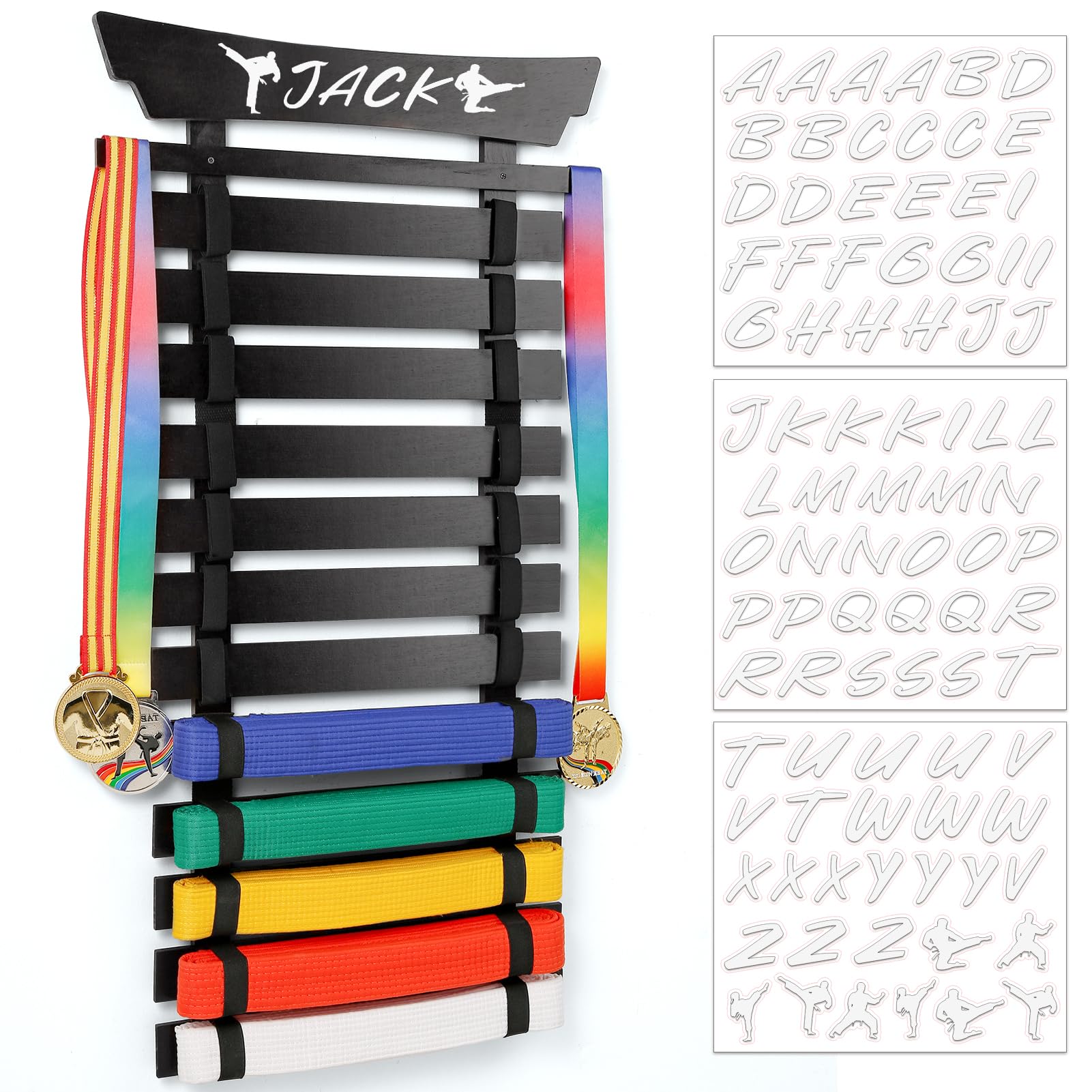 12-Slot Karate Belt Display Rack with Stickers - Martial Arts Belt Holder for Taekwondo, Jiu Jitsu & BJJ Belts - Wall Mounted Organizer for Kids & Adults - Perfect Gift for Dojo, Gym & Home Decor