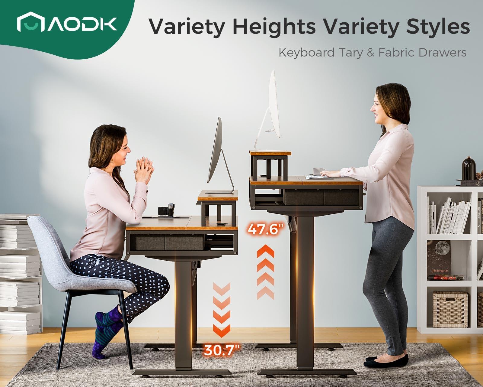AODK 55 Inch Electric Height Adjustable Standing Desk with Drawers, Keyboard Tray & Power Outlets - Ergonomic Gaming Desk with LED Lights & Monitor Stand for Home Office - Rustic Brown Workspace Solution for Remote Work, Streaming & PC Gaming