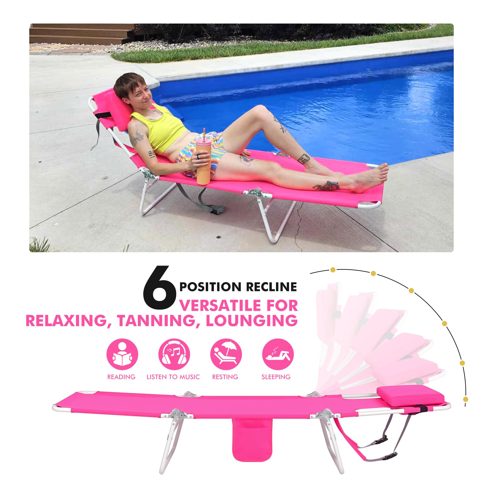 **3 in 1 Women's Comfort Backpack Tanning Beach Lounge Chair with Face Hole Cushion - Folding 6-Position Reclining Face Down Chair for Sunbathing, Reading & Poolside Relaxation - Pink (2 Pack) - Perfect for Beach, Backyard & Travel**
