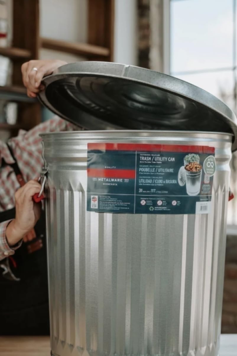 31 Gallon Galvanized Steel Round Trash Can with Lid - Heavy Duty Metal Garbage Bin for Kitchen, Office, Outdoor Use - Rustproof & Durable Household Waste Container (Grey)