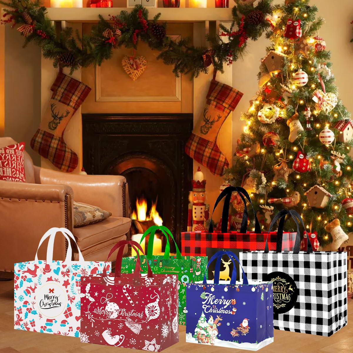 16PCS Extra Large Reusable Christmas Tote Bags with Handles - Eco-Friendly Holiday Gift Bags for Christmas Shopping, Party Decorations & Grocery Storage - Perfect for Xmas Gifts, Holiday Parties & Home Organization