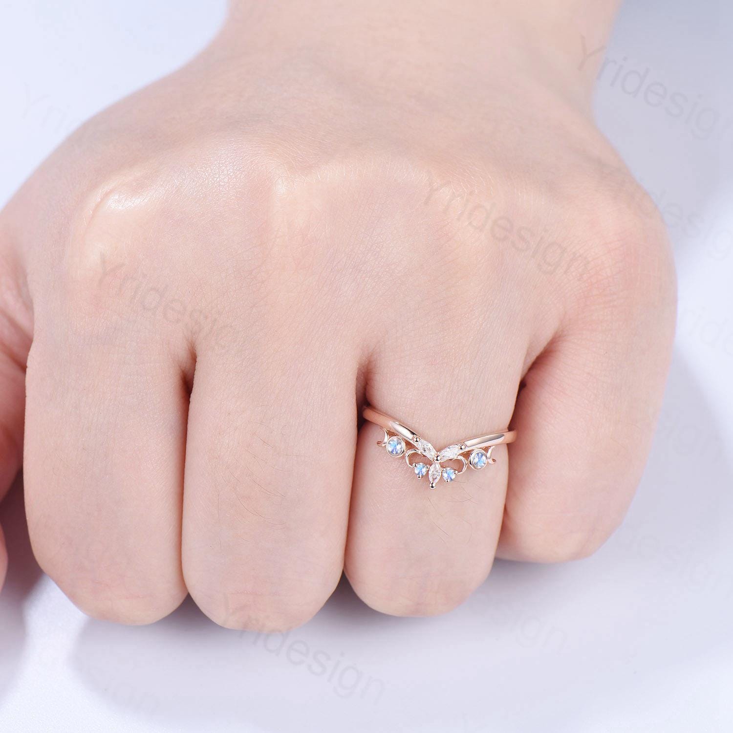 14K Rose Gold Curved Moonstone Wedding Band with Celtic Knot Design - Marquise Cut Unique Stacking Ring for Women, Promise & Anniversary Gift - Perfect for Bridal Jewelry, Stacking Bands & Special Occasions