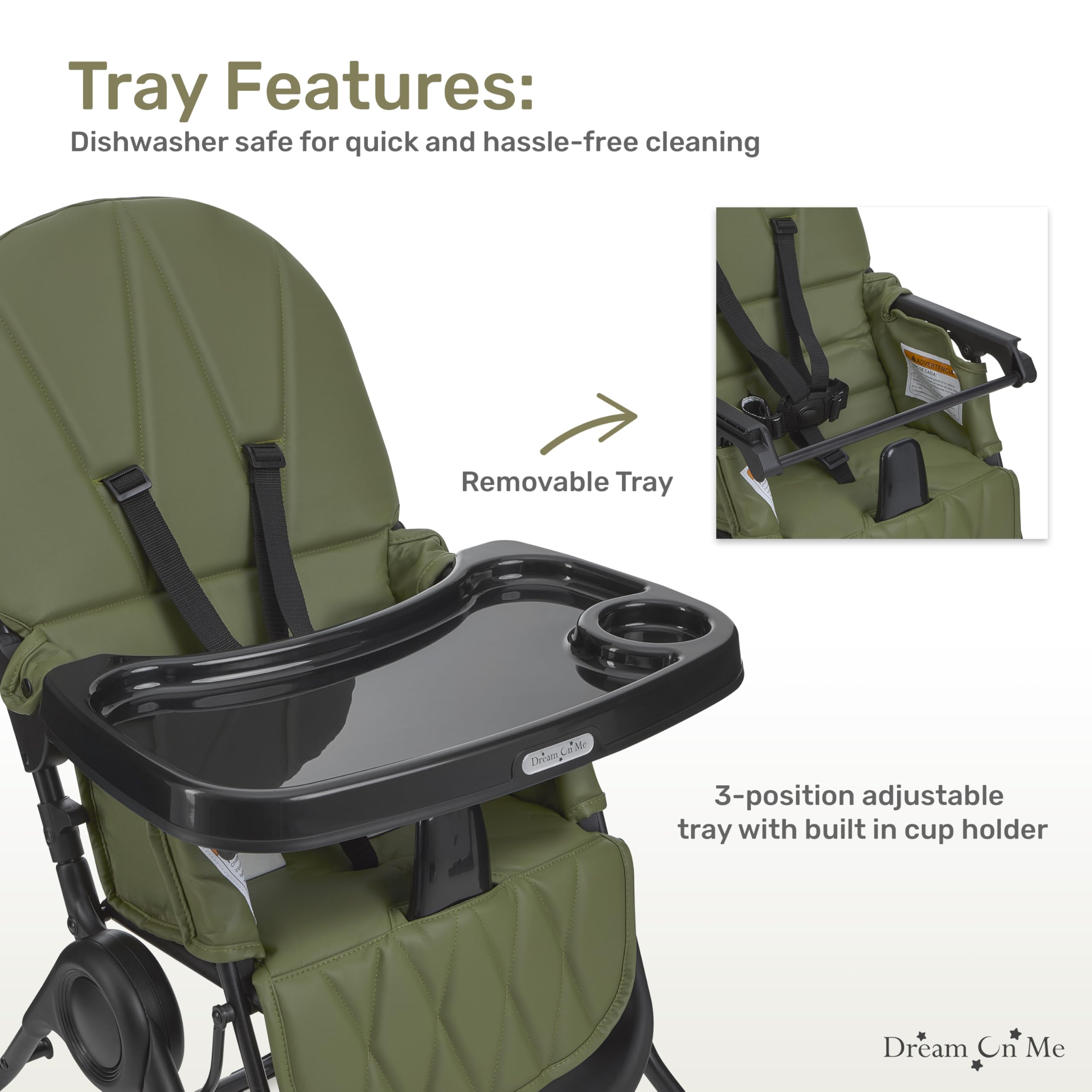 Dream On Me Snack and Stow Baby High Chair - Foldable Travel High Chair with Removable 3-Position Adjustable Tray | Portable for Home, Restaurants & Outdoor Use (Olive Green)