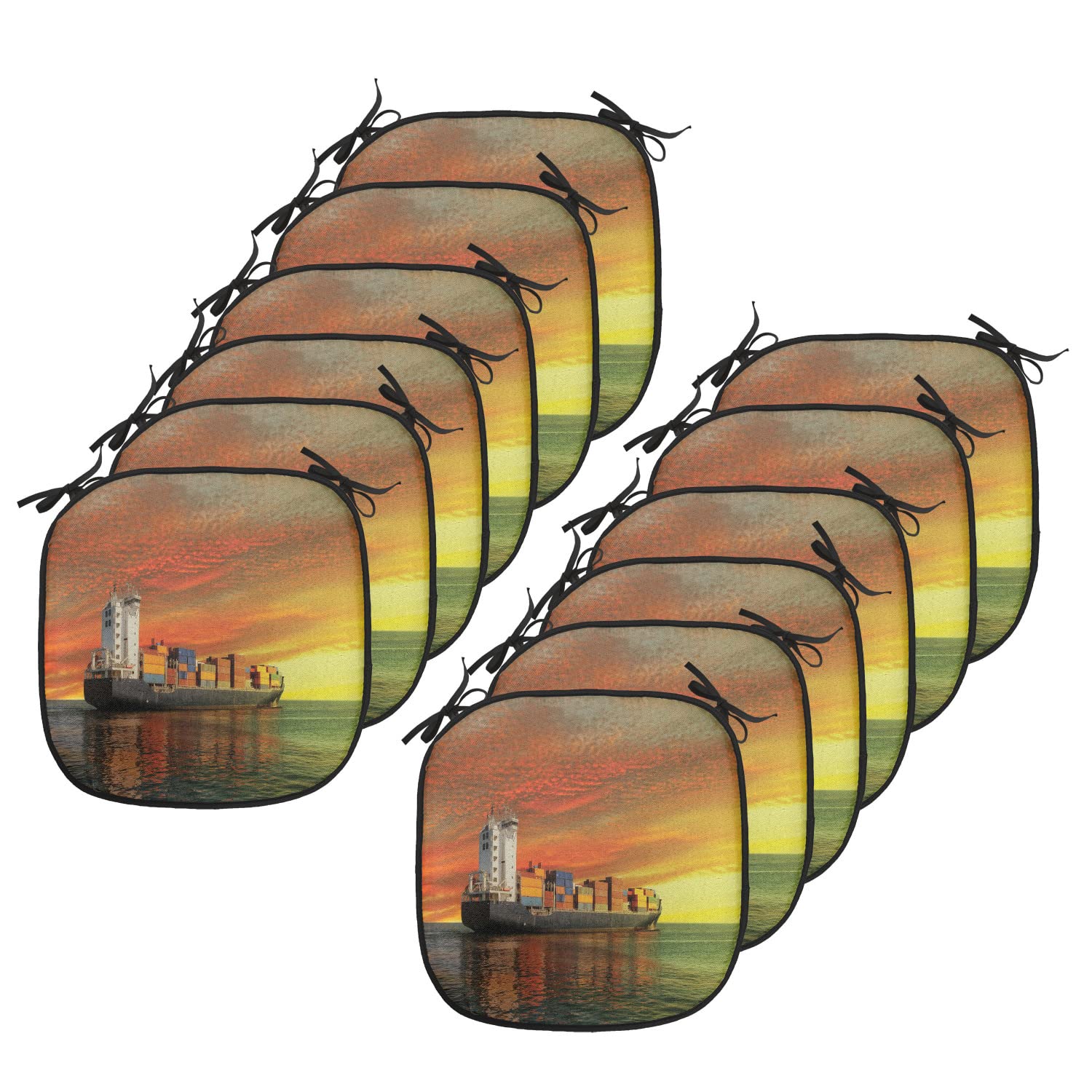 Lunarable Nautical Chair Cushion Set of 12 - 16x16 Inch Anti-Slip Seat Pads with Engineering Ship & Twilight Sky Design in Orange & Green - Perfect for Kitchen, Dining Room & Outdoor Patio Furniture