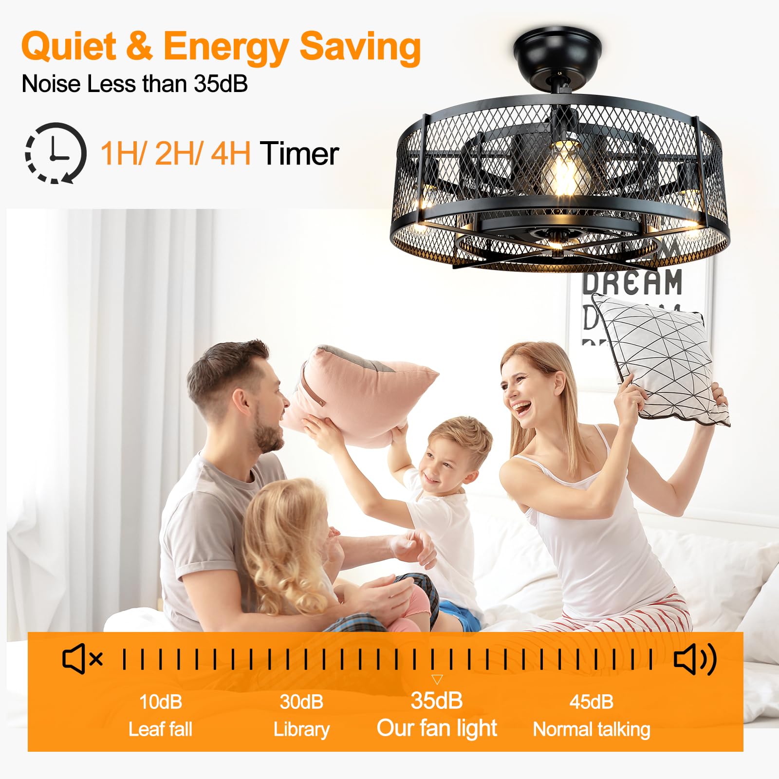 20 Inch Black Caged Ceiling Fan with Light and Remote - Farmhouse Industrial Style, 6 Speed Settings, Timer Function, E26 Bulb Base (Bulbs Not Included) - Perfect for Living Room, Bedroom, Kitchen, and Outdoor Covered Spaces