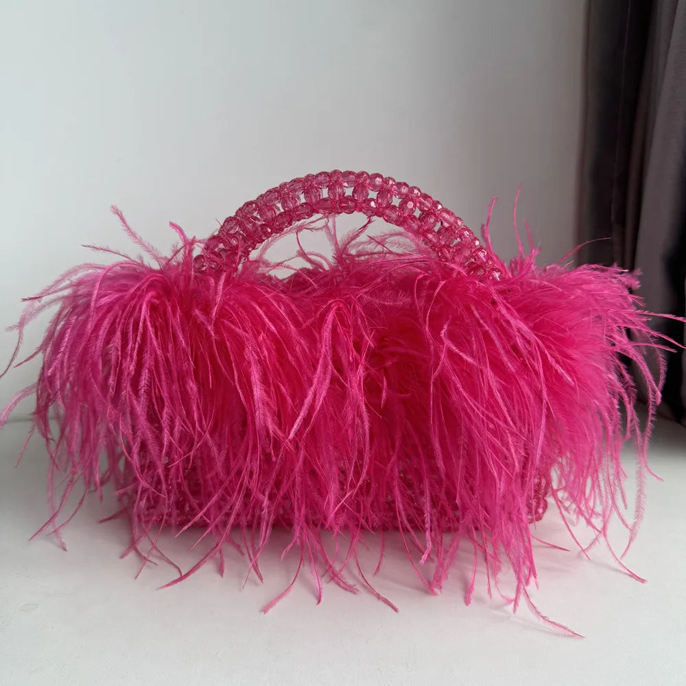 Handmade Designer Pearl Bead Bag with Feather Fur Trim - Elegant Acrylic Crystal Stone Evening Tote Clutch for Women | Perfect for Parties, Weddings & Special Occasions