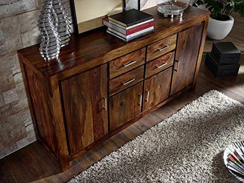 Gfine Solid Sheesham Wood Sideboard - 4 Doors & 4 Drawers, 160x40x95cm - Perfect for Living Room Storage, Dining Room Buffet & Entryway Organization