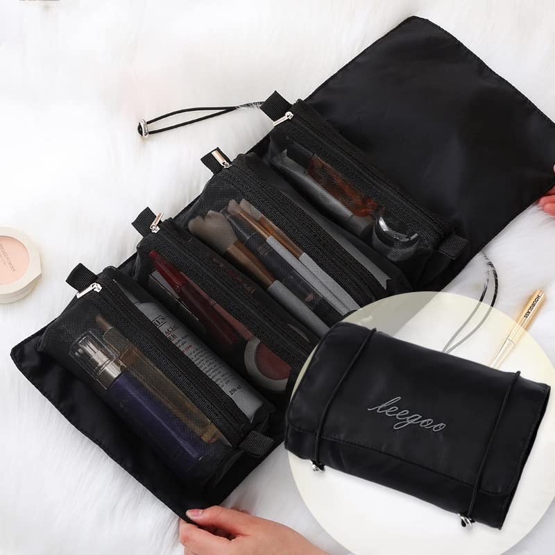 Luxula 4-in-1 Hanging Foldable Travel Cosmetic Organizer - Detachable Makeup Pouch & Toiletry Bag for Women (Black) | Perfect for Travel, Home Bathroom & Gym Organization