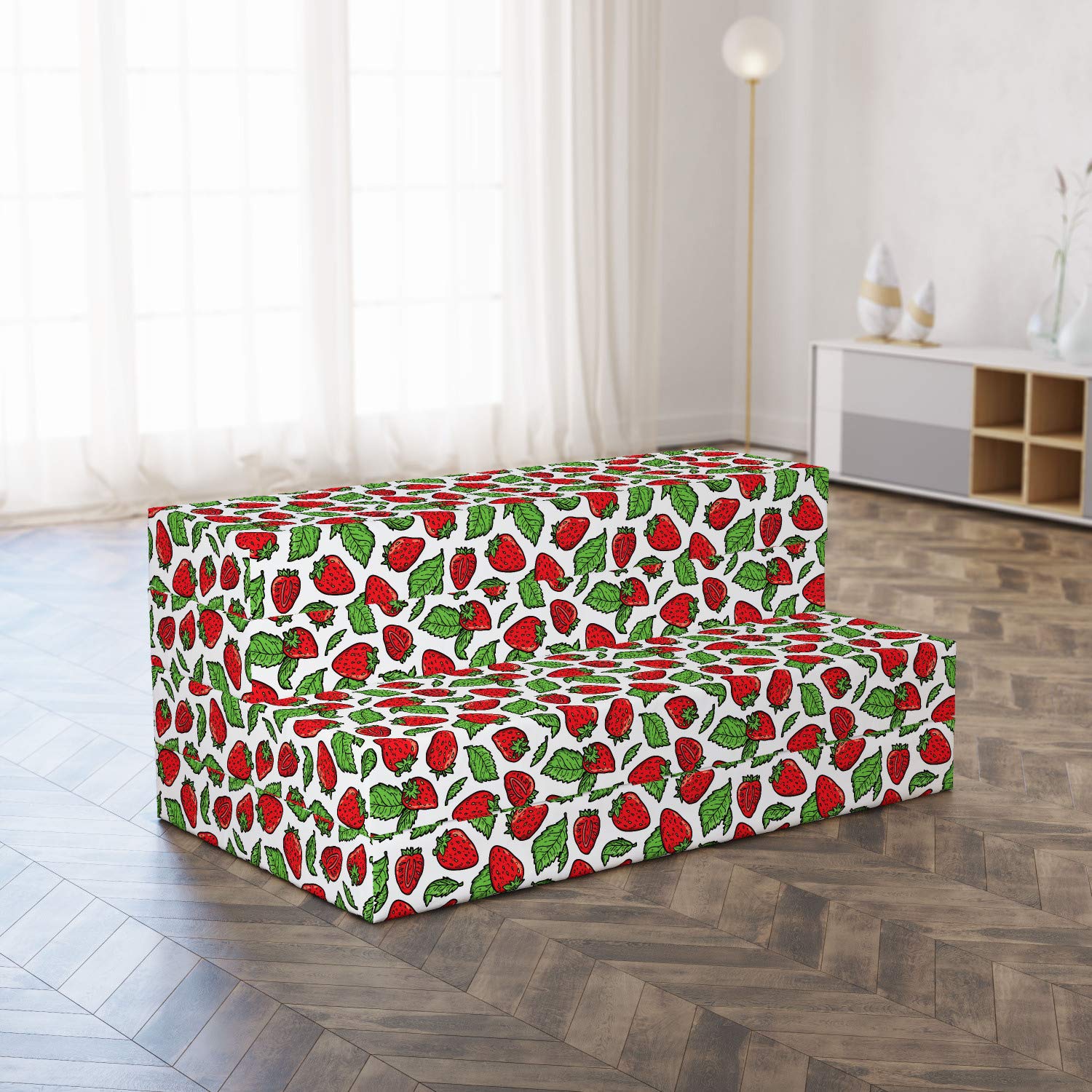 Ambesonne Fruit Foldable Mattress - Juicy Strawberry Leaves Design, 78.7 x 47.2 Inches, Fern Green & Red - Perfect for Guest Beds, Dorm Rooms, and Camping Trips