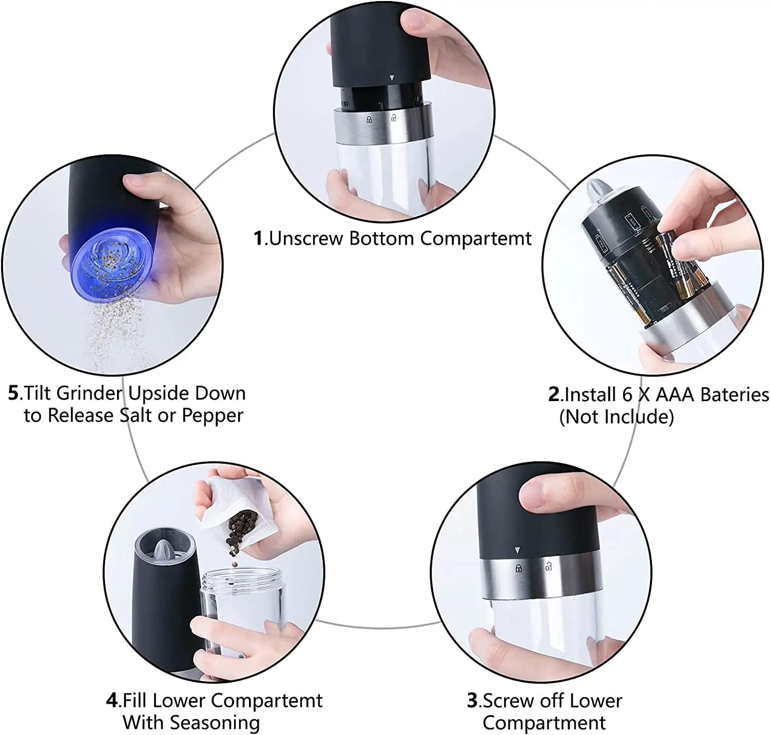 Premium Electric Salt and Pepper Grinder Set - Automatic Gravity Sensor Mill with Adjustable Coarseness & Blue LED Light - One-Hand Operation Battery-Powered (2-Pack Black) - Perfect for Kitchen, Dining Table & Outdoor BBQ