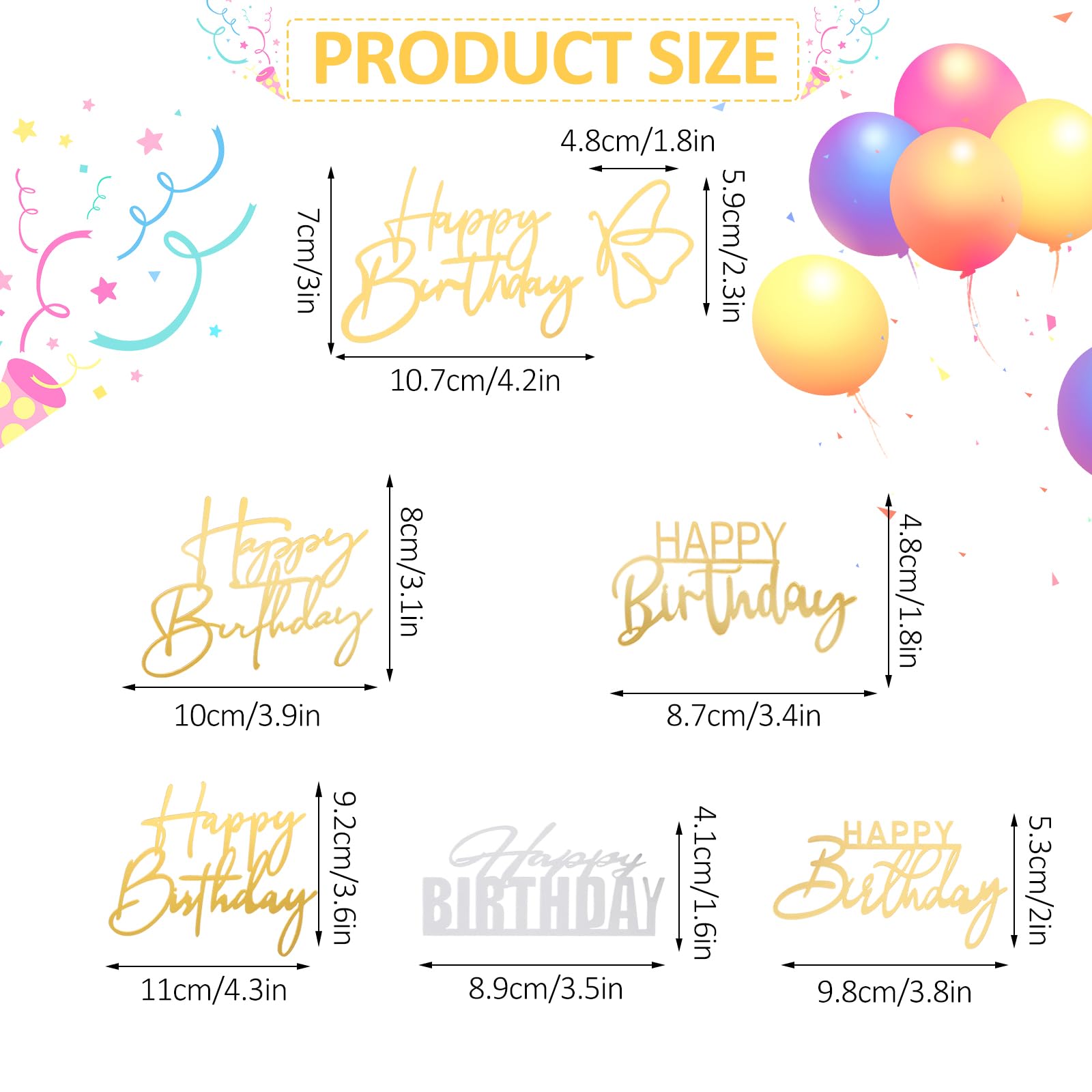 6PCS Happy Birthday Cake Toppers Set - Acrylic Mirror Glitter Cake Decorations for DIY Birthday Cakes, Party Supplies - Perfect for Birthday Parties, Baby Showers & Wedding Celebrations