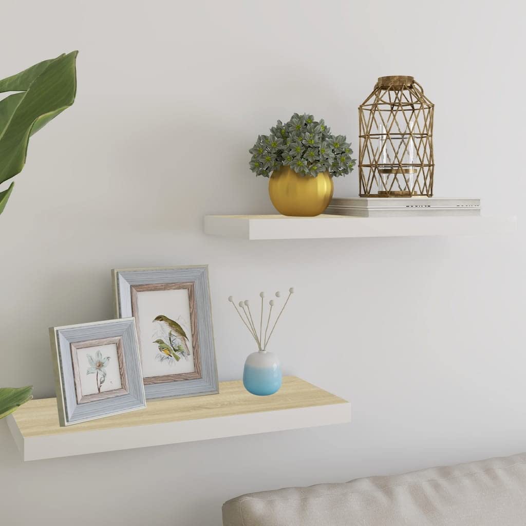 Floating Wall Shelves Set of 2 - Modern Home Decor Display Stands, Solid Oak & White MDF (23.6