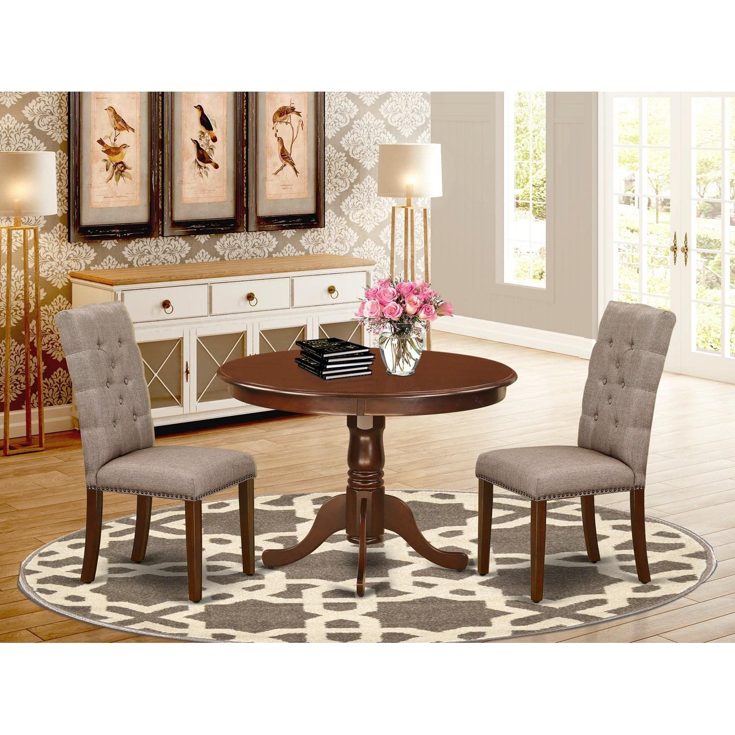 East West Furniture HLEL3-MAH-16 3-Piece Round Dining Table Set with Pedestal Base & 2 Upholstered Chairs - 42 Inch Mahogany Kitchen Table for Small Spaces, Breakfast Nook, Apartment Dining