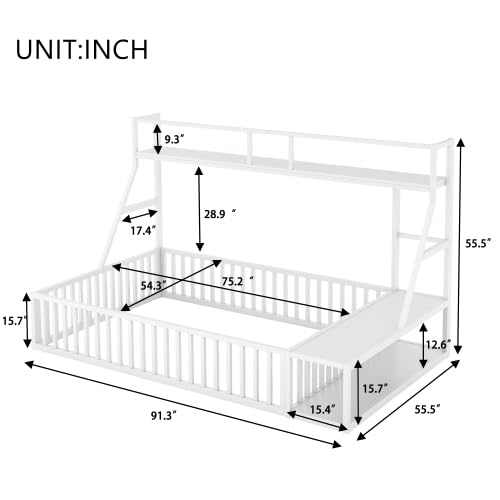 Full Size Kids Floor Bed with Safety Fence - White Metal Bed Frame with Built-in Desk & Storage Shelves for Toddlers and Children | Perfect for Small Bedrooms, Montessori Rooms, and Play Areas